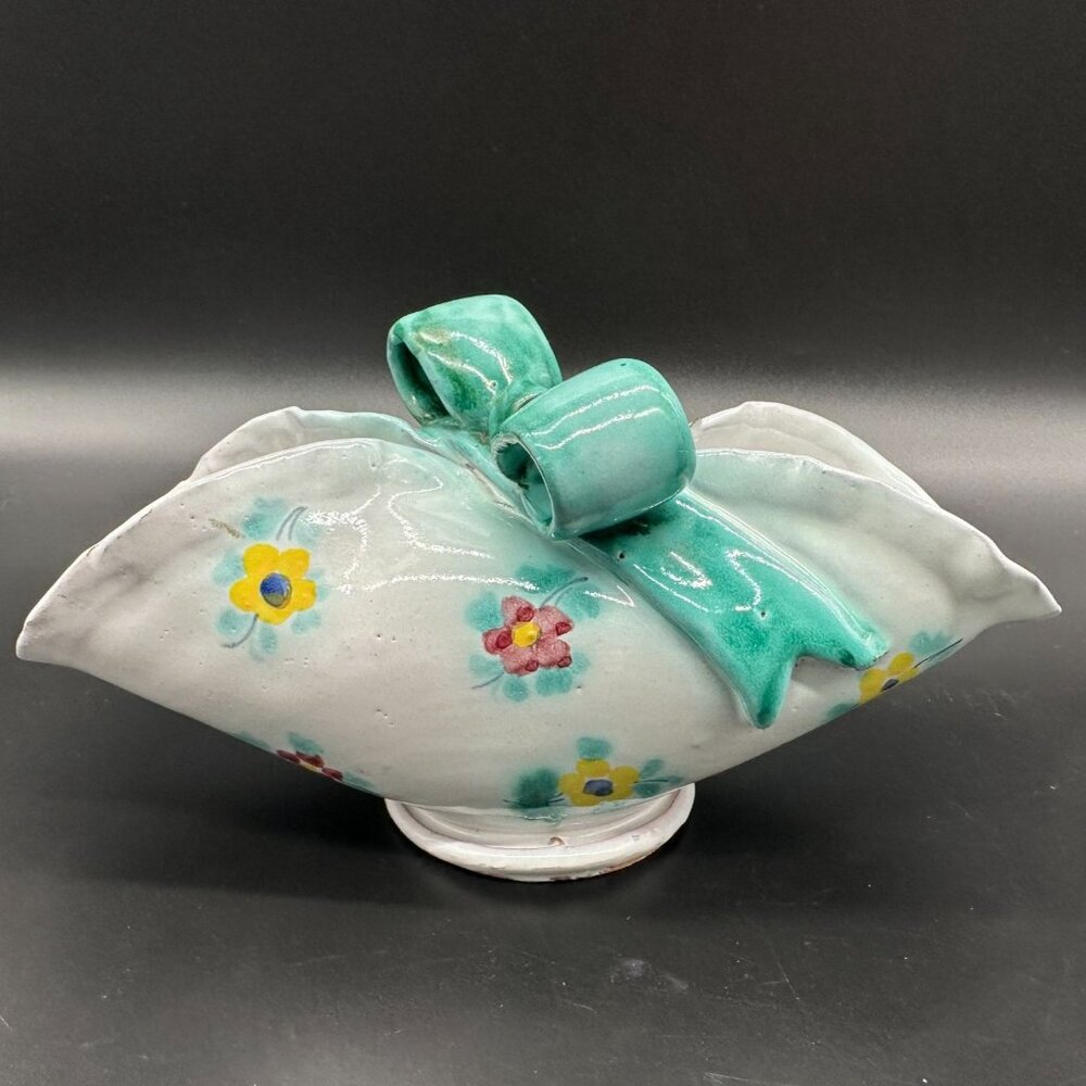 Vintage Italian Pottery Basket Dish Hand Painted Bow Flowers Cottagecore Floral - Picture 2 of 10
